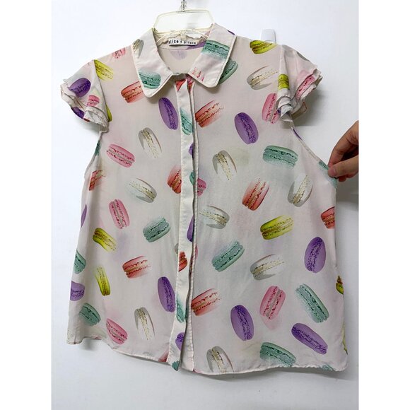Alice + Olivia Eli Flutter Sleeve Shirt Blouse Silk Sunday Macaroons Macaron M - Picture 6 of 15